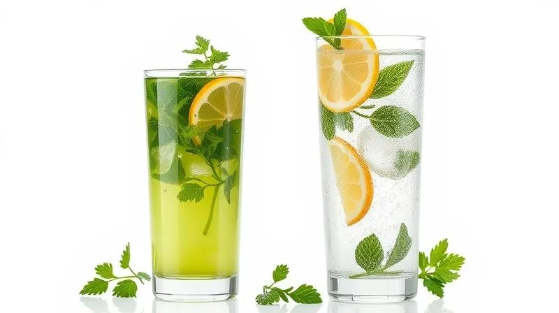 photorealistic, professional photography, 8K, cinematic lighting, sharp focus, depth of field, shot on a high-end DSLR. A tall glass of sparkling water with lemon slices and mint leaves, next to a glass of green parsley juice, on a bright, minimalist background, emphasizing hydration and detoxification.