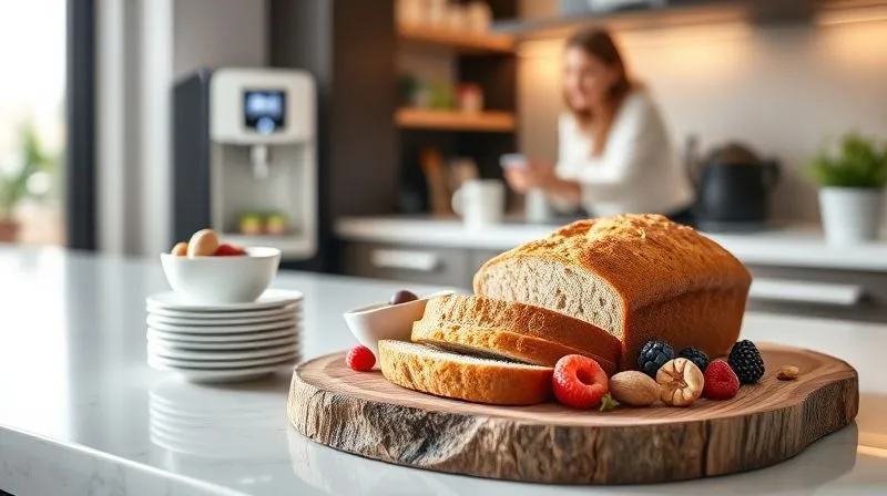 A photorealistic, brightly lit and inviting office kitchen counter with a beautifully arranged healthy snack station. A freshly baked, sliced fit banana bread is prominently displayed on a rustic wooden board, surrounded by fresh berries and nuts. Elegant small plates and napkins are neatly stacked nearby. In the background, a modern coffee machine is visible, and a subtle blur of happy office workers reaching for snacks. Sharp focus on the banana bread, depth of field, 8K, cinematic lighting.