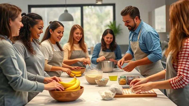 A photorealistic, vibrant scene of diverse office workers happily participating in a team-building baking workshop. They are gathered around a large, clean kitchen island, mixing ingredients for fit banana bread, laughing and interacting. Flour dust lightly visible in the air, a warm, inviting atmosphere. Fresh bananas and other healthy ingredients are neatly arranged. Sharp focus on the activity, depth of field, 8K, cinematic lighting, shot on a high-end DSLR.