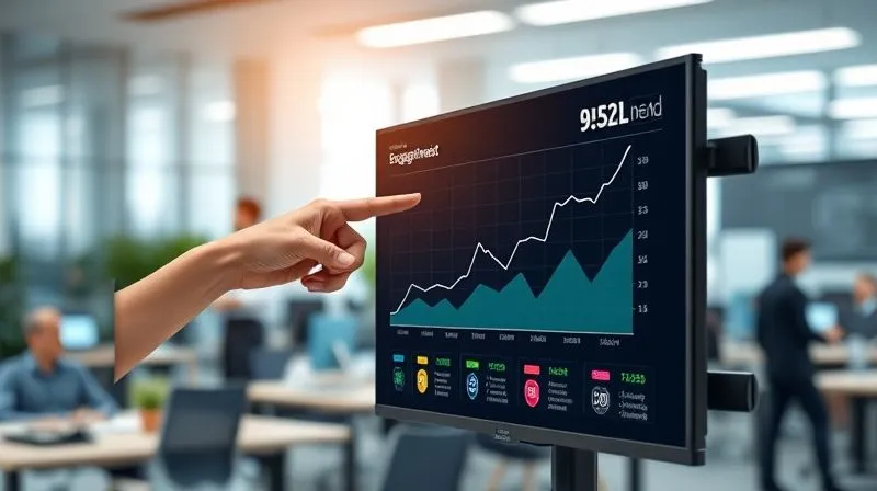 A photorealistic, modern office environment with a large monitor displaying a clear, professional data visualization chart showing an upward trend in healthy snack consumption over several months. The chart uses clean lines and vibrant colors, indicating increasing engagement. A hand points to a positive spike in the data. The background is a subtly blurred, busy office space, conveying productivity. Sharp focus on the screen, depth of field, 8K, cinematic lighting.