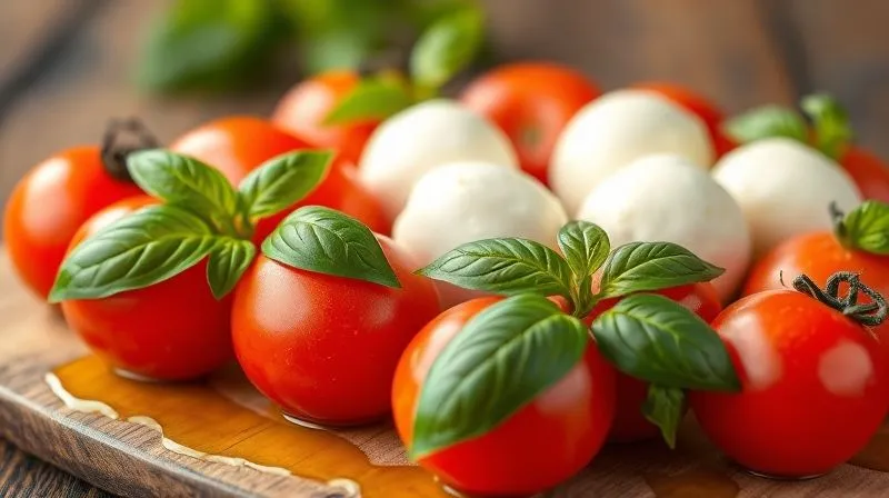 A vibrant, close-up photorealistic image of fresh, ripe red tomatoes, creamy white mozzarella balls, and bright green basil leaves artfully arranged on a rustic wooden board, with a drizzle of golden olive oil. The background is softly blurred, emphasizing the freshness and quality of the ingredients. Professional photography, 8K, cinematic lighting, sharp focus, depth of field, shot on a high-end DSLR, evoking a sense of natural goodness and simplicity.