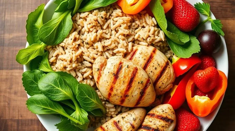 A meticulously arranged, photorealistic top-down view of a balanced meal plate, featuring vibrant green leafy vegetables, colorful bell peppers, lean grilled chicken, a small portion of brown rice, and a side of fresh berries. The composition is clean and inviting, with soft, natural lighting. Professional photography, 8K, cinematic lighting, sharp focus, depth of field, shot on a high-end DSLR, conveying health, balance, and nourishment.