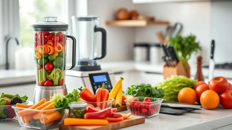 A bright, clean, and organized kitchen counter with various meal prep essentials: colorful, fresh vegetables neatly chopped in glass containers, a high-quality blender, a set of sharp knives, and a modern digital kitchen scale. The scene is well-lit, evoking efficiency and healthy living. Professional photography, 8K, cinematic lighting, sharp focus, depth of field, shot on a high-end DSLR, emphasizing readiness and preparation.