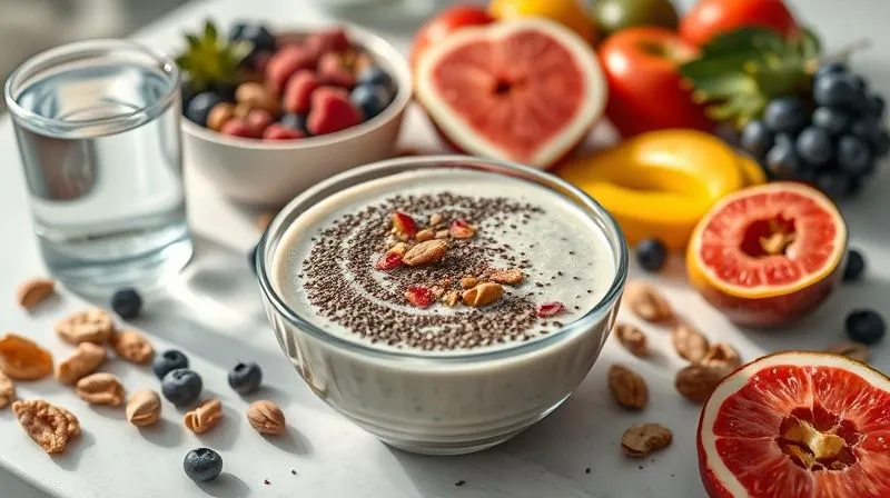 photorealistic, professional photography, 8K, cinematic lighting, sharp focus, depth of field, shot on a high-end DSLR. A vibrant, healthy breakfast spread with a focus on a bowl of chia seed pudding, surrounded by fresh fruits, nuts, and a glass of water, all illuminated by gentle morning light, evoking a sense of well-being and a fresh start.