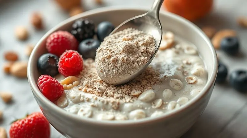 photorealistic, professional photography, 8K, cinematic lighting, sharp focus, depth of field, shot on a high-end DSLR. A close-up shot of a creamy chia oatmeal bowl, with a scoop of protein powder being gently mixed in, surrounded by fresh berries and nuts, emphasizing the rich texture and healthy ingredients. Soft, natural light. No text or logos.