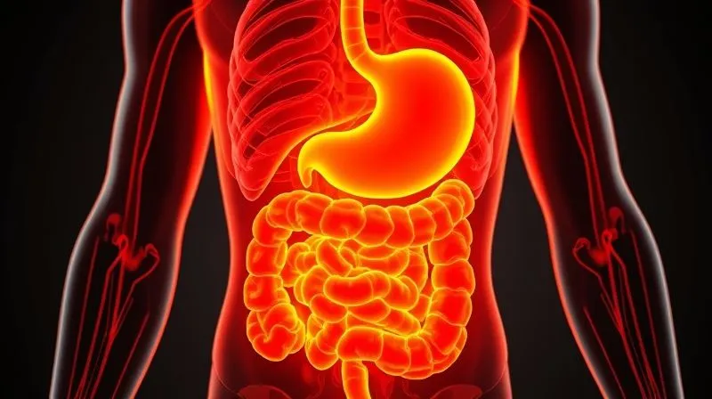A photorealistic image of a cross-section of a human body, showing subtle heat maps around the digestive system, with a glowing representation of ginger's active compounds stimulating metabolism, professional photography, 8K, cinematic lighting, sharp focus, depth of field.