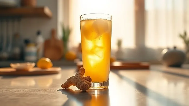 A glass of ginger and lemon juice casting a long shadow in the early morning light on a kitchen counter, with a blurred background of a healthy breakfast being prepared, photorealistic, professional photography, 8K, cinematic lighting.
