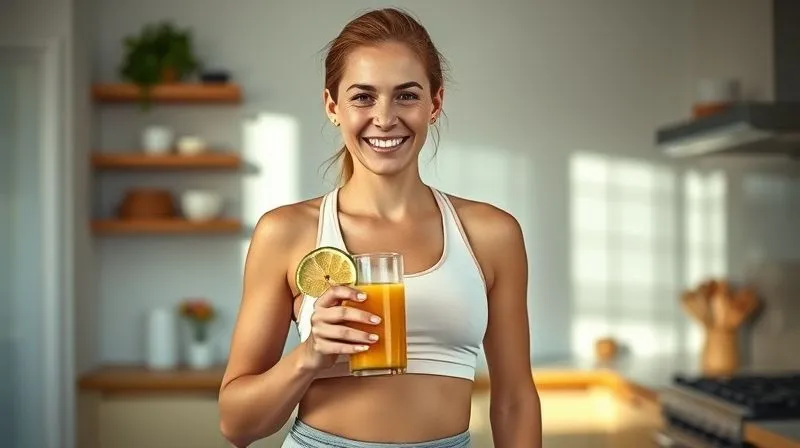 A radiant woman in her early 30s, smiling confidently while holding a glass of ginger juice, dressed in light fitness wear, standing in a bright, modern kitchen, photorealistic, professional photography, 8K, cinematic lighting.