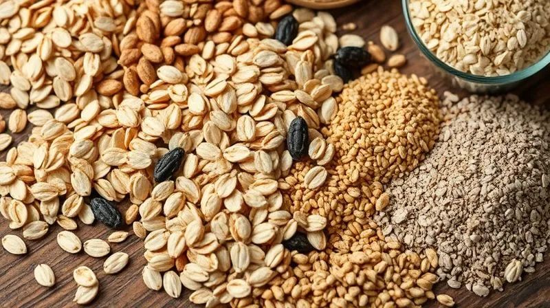 A close-up, photorealistic image of various fiber-rich ingredients like whole oats, chia seeds, flax seeds, and psyllium husks arranged aesthetically on a rustic wooden table, with cinematic lighting highlighting their textures. Professional photography, 8K, sharp focus, depth of field, shot on a high-end DSLR.
