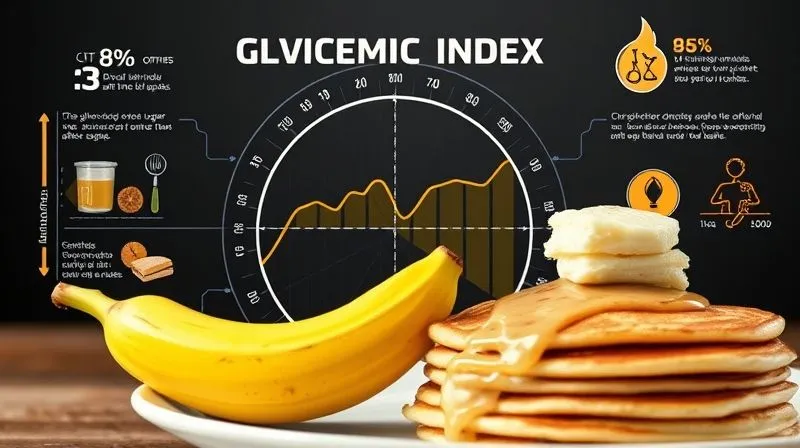 A photorealistic, professional photography image of a complex scientific infographic illustrating the glycemic index and its effect on blood sugar levels after eating, with a visual representation of a banana and pancakes. The infographic should be clear, modern, and visually engaging, with sharp focus, depth of field, 8K hyper-detailed, cinematic lighting, shot on a high-end DSLR.