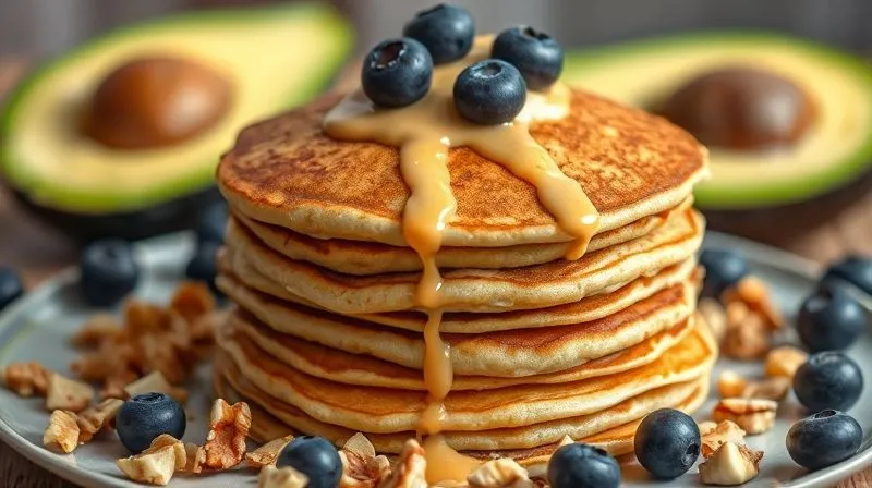 A photorealistic, professional photography image of a perfectly cooked fit banana pancake stack, drizzled with a thin stream of natural peanut butter, surrounded by a scattering of chopped walnuts and fresh blueberries. The background is softly blurred, showing an avocado cut in half. Cinematic lighting, sharp focus on the pancakes and toppings, depth of field, 8K hyper-detailed, shot on a high-end DSLR.