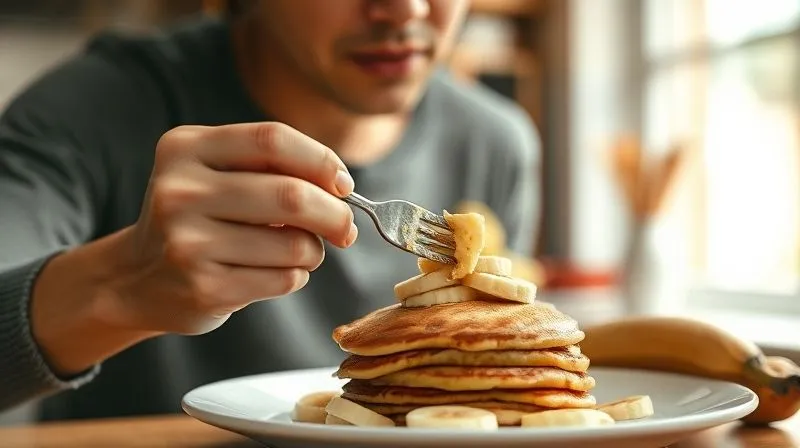A photorealistic, professional photography image of a person mindfully enjoying a plate of fit banana pancakes, slowly taking a bite with a fork, with a blurred background showing a sunny kitchen. Emphasize calm, deliberate eating. Cinematic lighting, sharp focus on the person and plate, depth of field, 8K hyper-detailed, shot on a high-end DSLR.