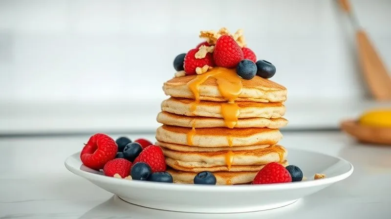 A photorealistic, professional photography image of a beautifully plated stack of fit banana pancakes with all the suggested toppings: Skyr, fresh berries (raspberries, blueberries), a drizzle of natural peanut butter, and a sprinkle of chopped walnuts. The background is a clean, bright kitchen counter. Cinematic lighting, sharp focus on the food, depth of field, 8K hyper-detailed, shot on a high-end DSLR.