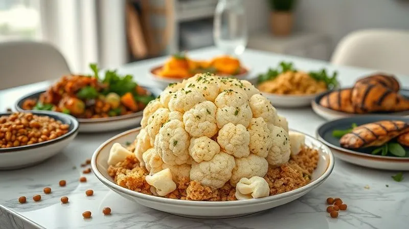 photorealistic, professional photography, 8K, cinematic lighting, sharp focus, depth of field, shot on a high-end DSLR, a vibrant, healthy meal featuring baked cauliflower as the centerpiece, surrounded by various protein-rich ingredients like quinoa, lentils, and grilled chicken, on a clean, modern dining table, with soft, natural light illuminating the scene, conveying health and satisfaction.