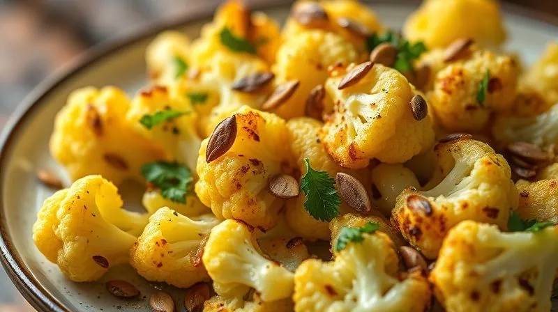 photorealistic, professional photography, 8K, cinematic lighting, sharp focus, depth of field, shot on a high-end DSLR, a close-up of beautifully baked cauliflower florets, glistening with olive oil and sprinkled with toasted pumpkin seeds and chopped fresh parsley, on a ceramic plate, with a subtle steam effect, conveying warmth, richness, and healthy fats.