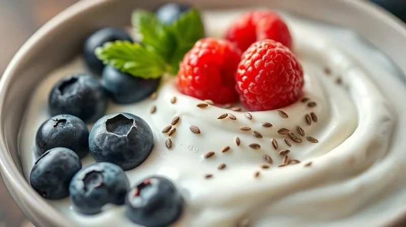 A photorealistic close-up of a bowl of creamy protein yogurt, generously topped with fresh blueberries, raspberries, and a sprinkle of chia seeds, showing the textural contrast and inviting colors. Cinematic lighting, sharp focus on the toppings, depth of field, 8K hyper-detailed.