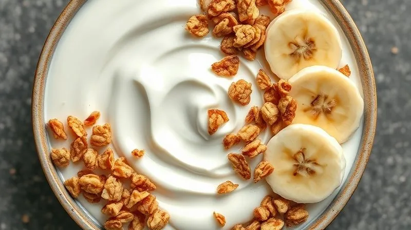A photorealistic top-down view of a thick, creamy protein yogurt bowl, artfully arranged with contrasting textures: smooth yogurt, crunchy homemade granola, and soft sliced banana. The focus is on the appealing layers and visual richness, suggesting a satisfying eating experience. Professional food photography, 8K, cinematic lighting, sharp focus.