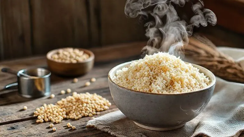 A photorealistic, professional photography of a perfectly cooked bowl of bulgur wheat, with steam gently rising, placed on a rustic wooden table next to a small portion of raw wheat grains and a measuring cup. The scene is bathed in natural, soft morning light, creating a sense of wholesome simplicity and natural goodness. Sharp focus on the bulgur, with a shallow depth of field. 8K hyper-detailed, shot on a high-end DSLR.