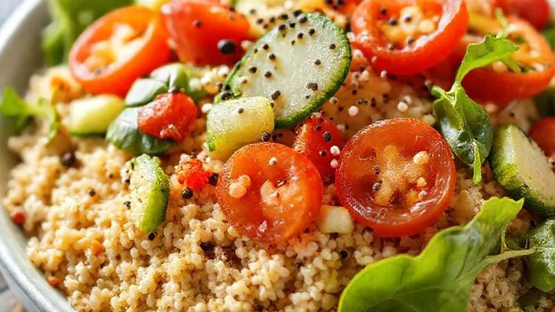 A photorealistic, professional photography of a vibrant, colorful salad with bulgur wheat as its base, generously topped with a variety of fresh, crisp vegetables like spinach, cucumber, cherry tomatoes, and bell peppers. A light dressing glistens on the ingredients, and a sprinkle of chia seeds is visible. The image is bright and fresh, with cinematic lighting emphasizing the textures and natural colors. Sharp focus on the salad, with a gentle depth of field. 8K hyper-detailed, shot on a high-end DSLR.