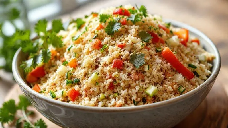 A photorealistic, professional photography of a generous serving of bulgur salad, overflowing with finely chopped fresh vegetables like cucumber, bell peppers, and parsley, creating a mound of vibrant, low-calorie volume. The bowl is large, emphasizing the abundance of healthy ingredients. Soft, natural light illuminates the dish, highlighting its freshness and appeal. Sharp focus on the salad, with a gentle depth of field blurring the background. 8K hyper-detailed, shot on a high-end DSLR.
