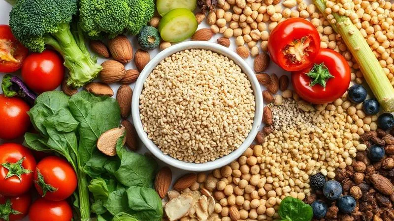 A vibrant, photorealistic flat lay of a variety of high-fiber foods artfully arranged around a small bowl of cooked millet. Include colorful vegetables like broccoli florets, spinach leaves, bell pepper slices, and cherry tomatoes, alongside berries, nuts (almonds, walnuts), seeds (chia, flax), and legumes (chickpeas, lentils). The composition should be aesthetically pleasing and suggest abundance. 8K, cinematic lighting, sharp focus, depth of field, shot on a high-end DSLR.