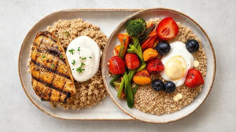 A beautifully styled, photorealistic overhead shot of a balanced, satisfying meal featuring millet groats. One half of the plate contains a savory millet dish with grilled chicken breast, roasted vegetables (broccoli, bell peppers), and a sprinkle of herbs. The other half features a sweet millet porridge with Greek yogurt, fresh berries, and a drizzle of almond butter. The composition should be visually appealing and convey healthy abundance. 8K, cinematic lighting, sharp focus, depth of field, shot on a high-end DSLR.
