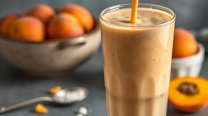 photorealistic, professional photography, 8K, cinematic lighting, sharp focus, depth of field. A thick, creamy apricot smoothie being poured into a tall glass, showing its rich, velvety texture. In the background, out of focus, a bowl of frozen apricots and a small spoon of xanthan gum are visible, emphasizing the ingredients for density. The scene should evoke a sense of satisfying richness and health.