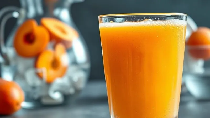 photorealistic, professional photography, 8K, cinematic lighting, sharp focus, depth of field. A large, frosty glass filled to the brim with a vibrant apricot smoothie, with tiny condensation droplets on the glass. In the background, a pitcher of crystal-clear water and a bowl of ice cubes are prominently featured, symbolizing increased volume without calories. The image conveys refreshment and abundant satisfaction.