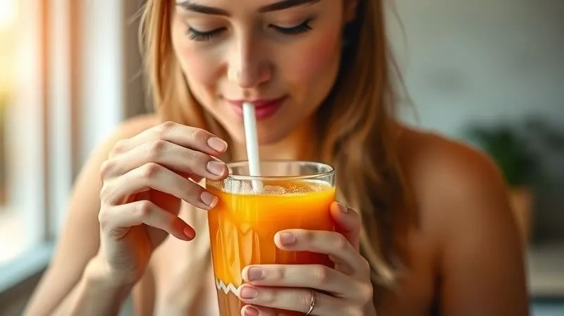 photorealistic, professional photography, 8K, cinematic lighting, sharp focus, depth of field. A person slowly sipping a vibrant apricot smoothie through a reusable straw, with a calm, content expression. The setting is serene, perhaps a sunlit kitchen counter or a quiet outdoor patio, emphasizing focus and mindfulness. The smoothie glass is held gently, inviting a sense of peace and enjoyment.