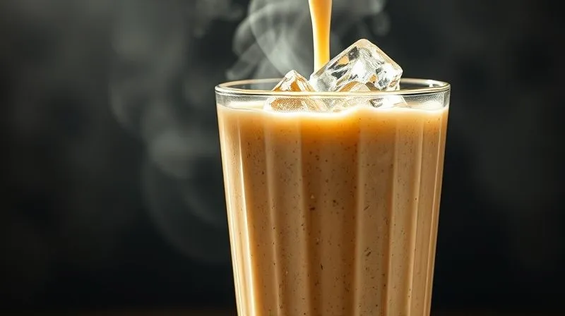 A close-up, photorealistic image of a vibrant, thick oatmeal smoothie being poured into a tall glass, steam rising slightly from crushed ice, cinematic lighting, sharp focus on the texture, depth of field blurring the background, 8K hyper-detailed.