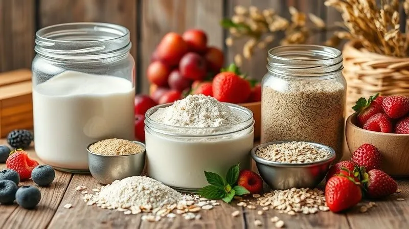 Photorealistic image of various protein powders (whey, pea, rice) in clear containers, alongside fresh berries and oats, arranged on a rustic wooden table with soft morning light, sharp focus, depth of field, 8K, professional photography.