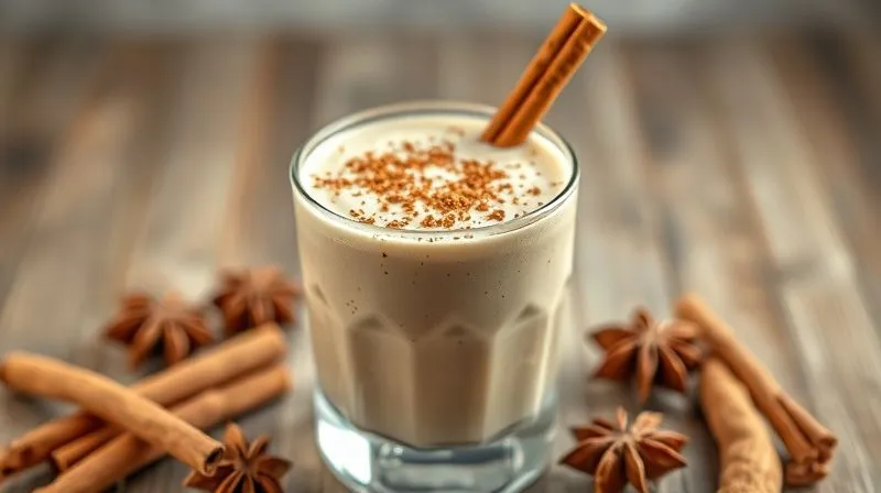 Photorealistic image of a beautiful smoothie glass with a sprinkle of cinnamon on top, surrounded by whole cinnamon sticks, star anise, and a vanilla bean, creating an aromatic and inviting scene, cinematic lighting, sharp focus, depth of field, 8K.