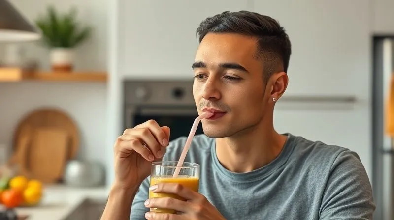 Photorealistic image of a person slowly sipping a healthy smoothie through a reusable straw, with a focused, content expression, in a bright, minimalist kitchen environment, cinematic lighting, sharp focus on the person and glass, 8K.