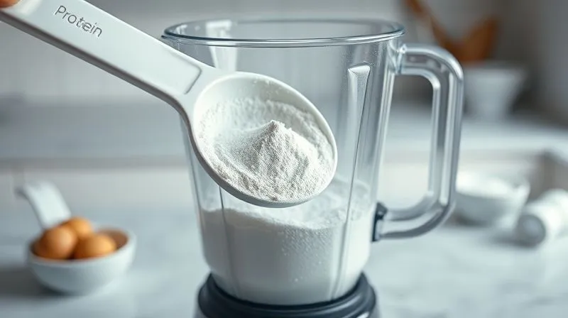 Photorealistic, professional photography of a clean, white scoop of protein powder being poured into a blender, surrounded by a minimalist kitchen setting, cinematic lighting, sharp focus on the powder and scoop, depth of field blurring the background, 8K hyper-detailed, shot on a high-end DSLR.