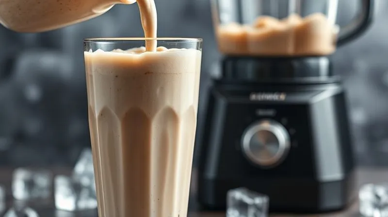 Photorealistic, professional photography of a very thick, creamy protein shake being poured from a blender into a tall glass, showing its rich, dense texture. Cinematic lighting, sharp focus on the pour, depth of field blurring the blender and a background of ice cubes, 8K hyper-detailed, shot on a high-end DSLR. The image should convey indulgence and satisfaction.