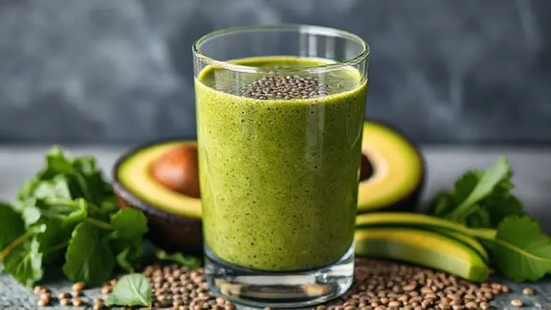A vibrant, photorealistic, professional photography, 8K, cinematic lighting, sharp focus, depth of field, shot on a high-end DSLR, showing a close-up of a glass filled with a thick, green protein smoothie, with chia seeds visibly suspended, and fresh ingredients like spinach, avocado, and flax seeds artfully arranged around the base, highlighting natural textures and rich colors.