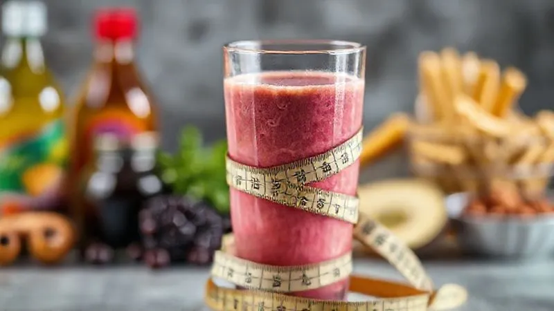 A photorealistic, professional photography, 8K, cinematic lighting, sharp focus, depth of field, shot on a high-end DSLR, showing a vibrant, colorful protein smoothie with a measuring tape wrapped around the glass, indicating a focus on weight loss and controlled portions. In the background, blurred, are common unhealthy additives like sugary syrups and processed snacks, emphasizing the contrast.