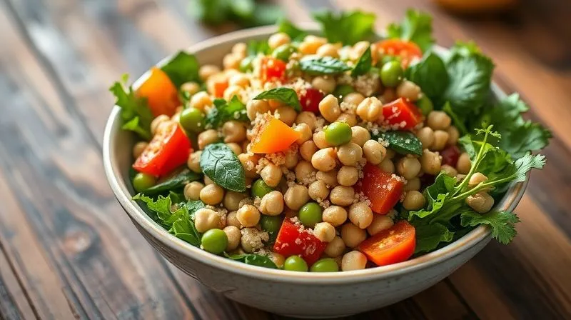 A vibrant, photorealistic image of a colorful, healthy salad bowl featuring green beans as a prominent ingredient, mixed with various high-fiber components like chickpeas, quinoa, diced bell peppers, and leafy greens. The salad is artfully arranged, showcasing fresh textures and colors. Cinematic lighting, sharp focus on the central bowl, with a soft depth of field blurring a rustic wooden table background. 8K hyper-detailed, conveying freshness and abundance.