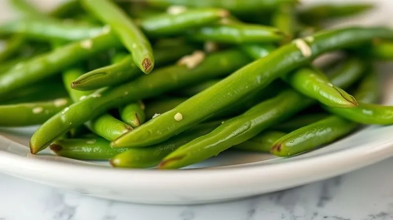 A close-up, photorealistic image of vibrant green beans perfectly cooked al dente, glistening with a light dressing, presented beautifully on a minimalist white plate. Steam is gently rising, indicating freshness. Cinematic lighting, sharp focus on the texture of the beans, with a soft depth of field blurring a clean kitchen counter. 8K hyper-detailed, suggesting freshness and healthy preparation.