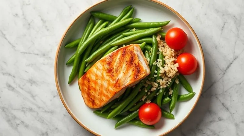 A top-down, photorealistic image of a perfectly portioned, beautifully arranged healthy meal on a modern plate. The main component is green beans, artfully combined with a piece of grilled salmon or chicken breast, a sprinkle of quinoa, and colorful cherry tomatoes. The presentation is clean, minimalist, and inviting. Cinematic lighting, sharp focus on the food, with a soft depth of field blurring a contemporary dining table. 8K hyper-detailed, emphasizing mindful eating and balanced nutrition.