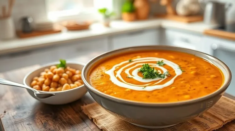photorealistic, professional photography, 8K, cinematic lighting, sharp focus, depth of field, shot on a high-end DSLR, a vibrant bowl of creamy orange lentil soup, garnished with a swirl of plain Greek yogurt and fresh cilantro, with a side of perfectly cooked chickpeas and cubes of silken tofu, all arranged on a rustic wooden table in a brightly lit kitchen. The scene evokes healthy, satisfying nutrition.