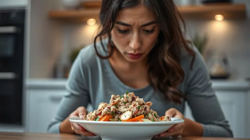 photorealistic, professional photography, 8K, cinematic lighting, sharp focus, depth of field, shot on a high-end DSLR image of a person looking disappointed at a small, bland tuna salad, with an empty, rumbling stomach subtly indicated, conveying the feeling of insufficient satiety. The background is a minimalist kitchen.