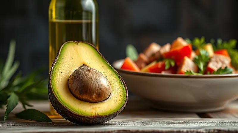 photorealistic, professional photography, 8K, cinematic lighting, sharp focus, depth of field, shot on a high-end DSLR image of a vibrant, creamy avocado half, perfectly ripe, next to a bottle of high-quality extra virgin olive oil, with a bowl of fresh tuna salad ingredients in the background, emphasizing healthy fats.