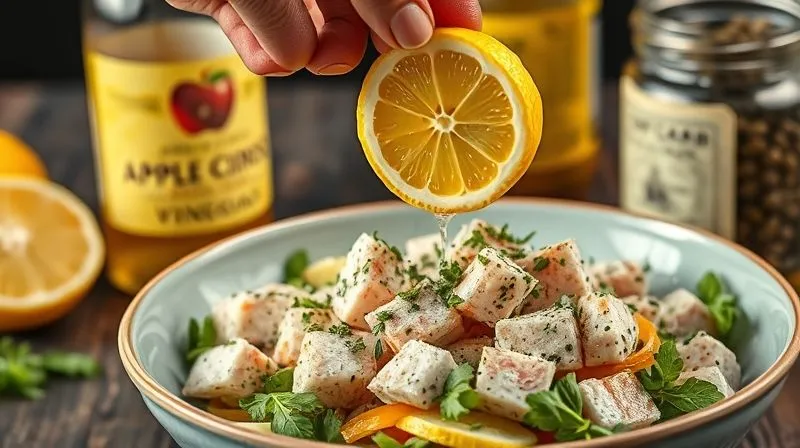photorealistic, professional photography, 8K, cinematic lighting, sharp focus, depth of field, shot on a high-end DSLR image of a vibrant, fresh lemon being squeezed over a bowl of low-carb tuna salad, with a bottle of apple cider vinegar and a jar of capers in the background, highlighting the role of acidity and umami.