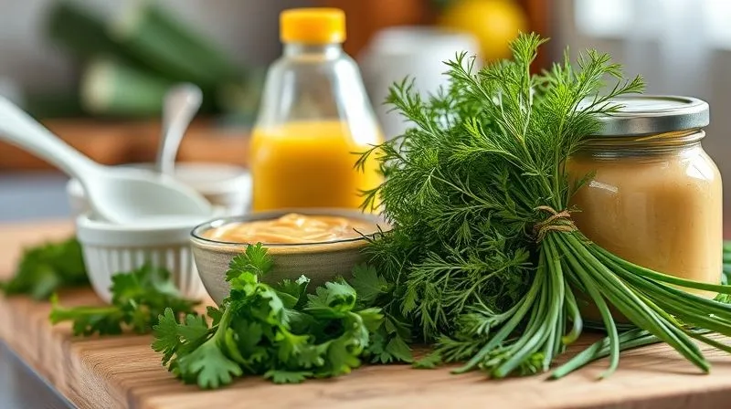 photorealistic, professional photography, 8K, cinematic lighting, sharp focus, depth of field, shot on a high-end DSLR image of a vibrant, aromatic selection of fresh herbs like parsley, dill, and chives, alongside a small bowl of Dijon mustard and a jar of tahini, with a blurred background of a kitchen, emphasizing flavor enhancers.