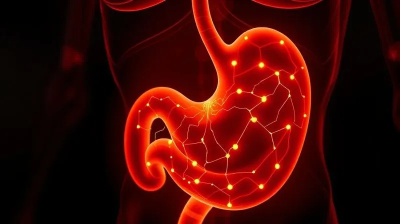 A photorealistic close-up of a human stomach model with glowing lines illustrating the pathways of satiety hormones like leptin and ghrelin, set against a dark, scientific background, professional photography, 8K, cinematic lighting, sharp focus, depth of field, shot on a high-end DSLR.