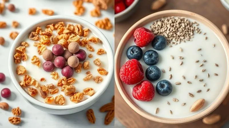 A split image, photorealistic, showing two bowls of kefir. On the left, a bowl with excessive sugary granola and candy. On the right, a bowl with fresh berries, chia seeds, and a few nuts. Bright, natural lighting, professional photography, 8K, cinematic lighting, sharp focus, depth of field, shot on a high-end DSLR, contrasting healthy vs. unhealthy additions.