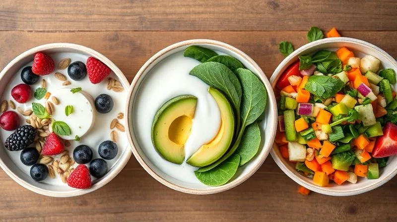A photorealistic collection of three distinct kefir bowls, each representing one of the recipes: one with berries and seeds, one green with avocado and spinach, and one with chopped colorful vegetables. All are presented aesthetically with good lighting, professional photography, 8K, cinematic lighting, sharp focus, depth of field, shot on a high-end DSLR, emphasizing variety and health.