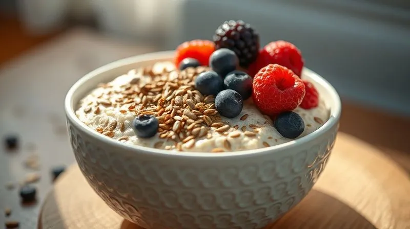 Photorealistic image of a vibrant, healthy protein oatmeal bowl topped generously with chia seeds, flax seeds, a sprinkle of psyllium husk, and fresh berries, emphasizing a rich, thick texture, with soft morning light illuminating the scene, professional photography, 8K, cinematic lighting, sharp focus, depth of field, shot on a high-end DSLR.