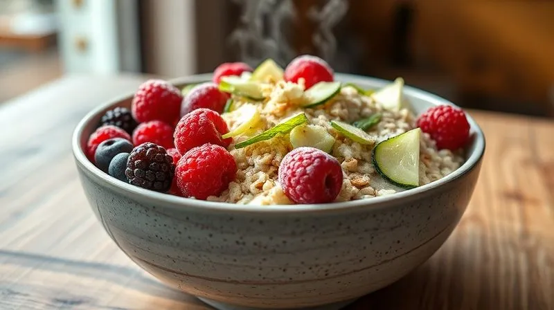 Photorealistic image of a large, overflowing bowl of protein oatmeal, visibly rich with grated zucchini and brightly colored frozen berries, steam gently rising, emphasizing the generous portion size that still looks healthy and appealing, professional photography, 8K, cinematic lighting, sharp focus, depth of field, shot on a high-end DSLR.